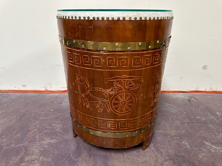 Wooden Decorative Asian Drum Side Table With Glass Top 18'W X 24'H [Photo 4]