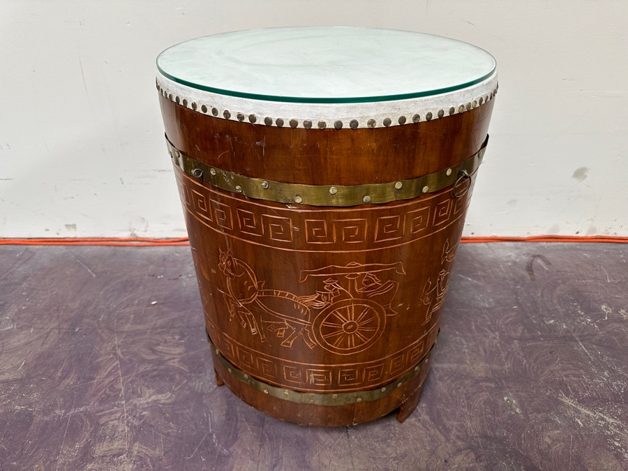 Wooden Decorative Asian Drum Side Table With Glass Top 18'W X 24'H [Photo 3]