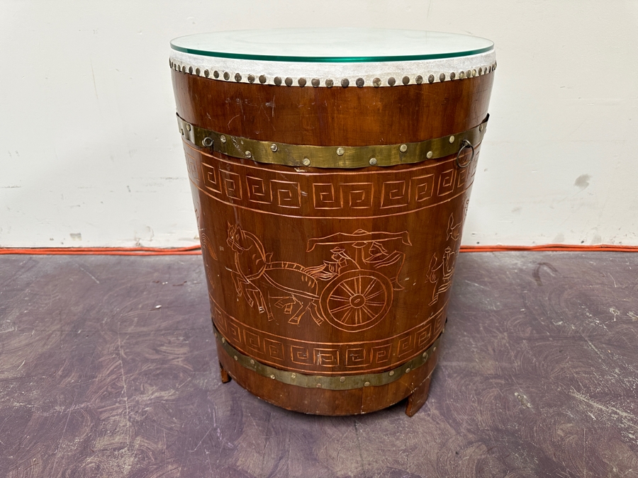 Wooden Decorative Asian Drum Side Table With Glass Top 18'W X 24'H [Photo 2]