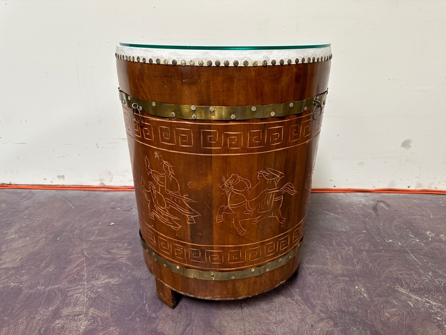 Wooden Decorative Asian Drum Side Table With Glass Top 18'W X 24'H [Photo 5]