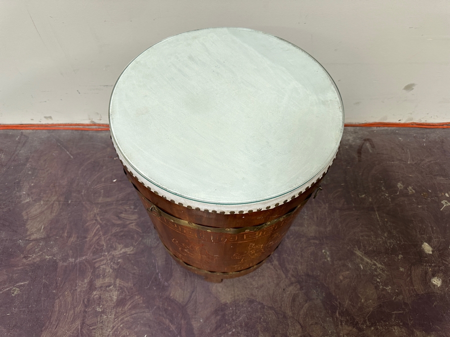Wooden Decorative Asian Drum Side Table With Glass Top 18'W X 24'H [Photo 7]