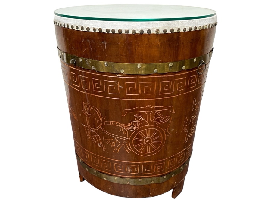 Wooden Decorative Asian Drum Side Table With Glass Top 18'W X 24'H