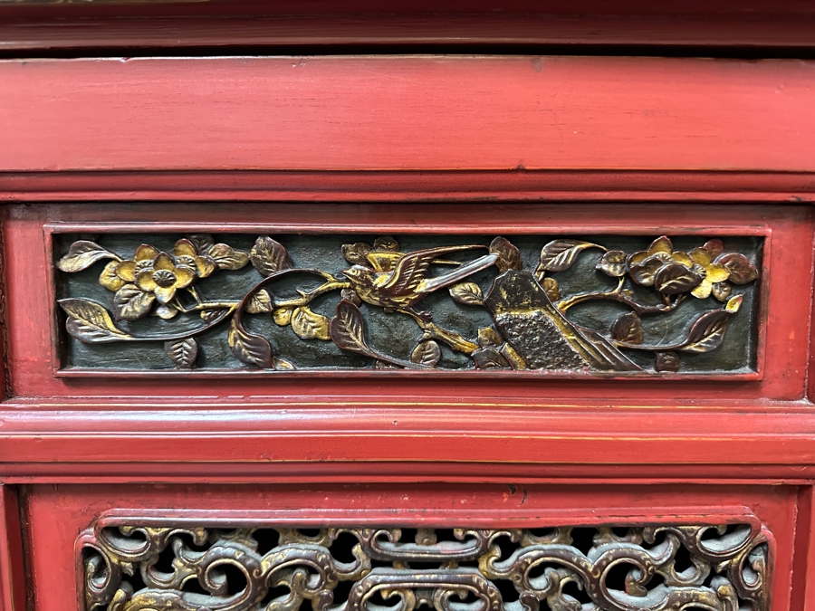 Contemporary Chinese Carved Gilt Red Wooden Relief Carved Cabinet 42'W X 22'D X 66'H [Photo 8]