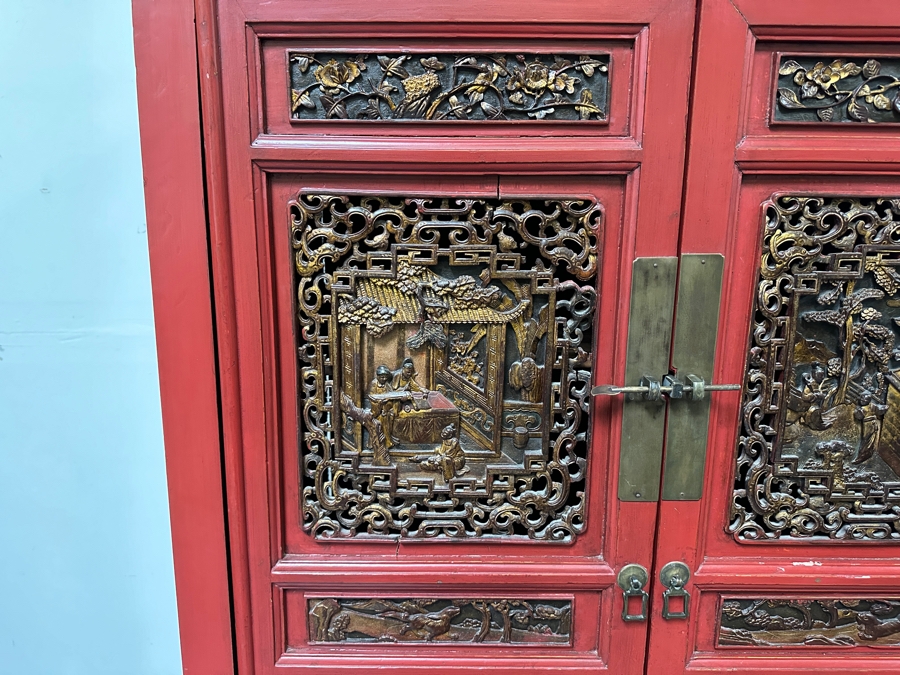 Contemporary Chinese Carved Gilt Red Wooden Relief Carved Cabinet 42'W X 22'D X 66'H [Photo 3]
