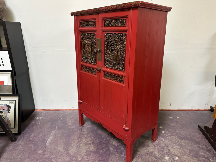 Contemporary Chinese Carved Gilt Red Wooden Relief Carved Cabinet 42'W X 22'D X 66'H [Photo 12]