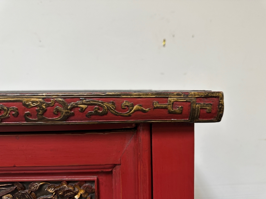 Contemporary Chinese Carved Gilt Red Wooden Relief Carved Cabinet 42'W X 22'D X 66'H [Photo 9]