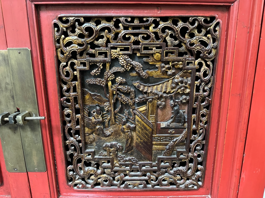Contemporary Chinese Carved Gilt Red Wooden Relief Carved Cabinet 42'W X 22'D X 66'H [Photo 6]