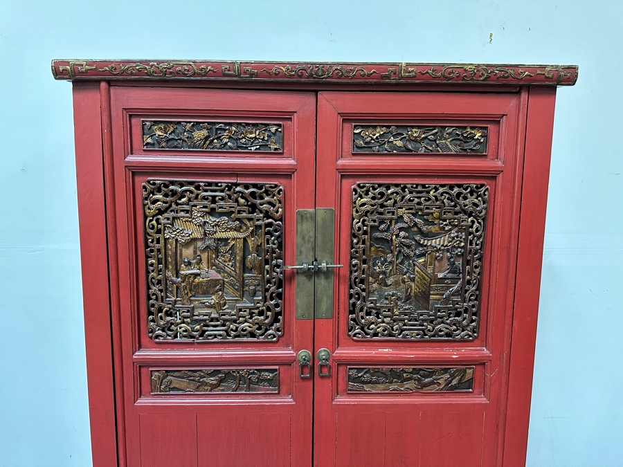 Contemporary Chinese Carved Gilt Red Wooden Relief Carved Cabinet 42'W X 22'D X 66'H [Photo 2]