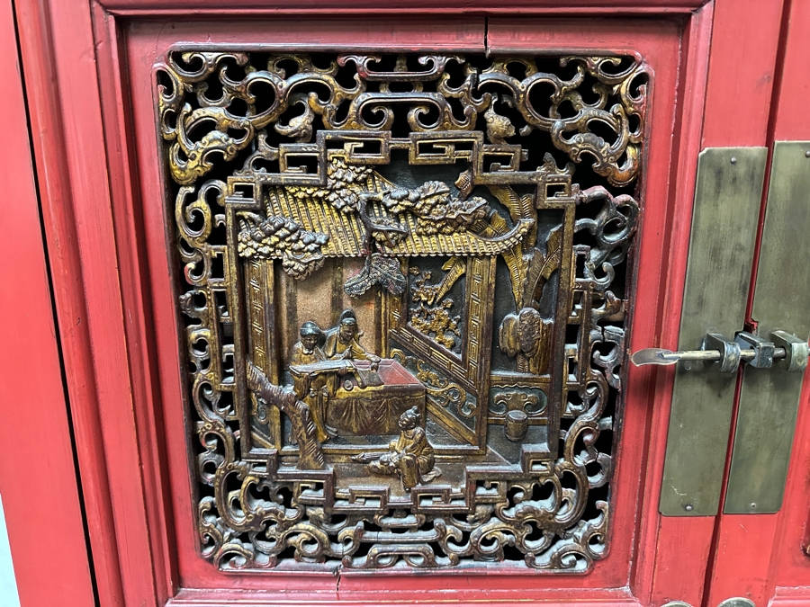 Contemporary Chinese Carved Gilt Red Wooden Relief Carved Cabinet 42'W X 22'D X 66'H [Photo 4]