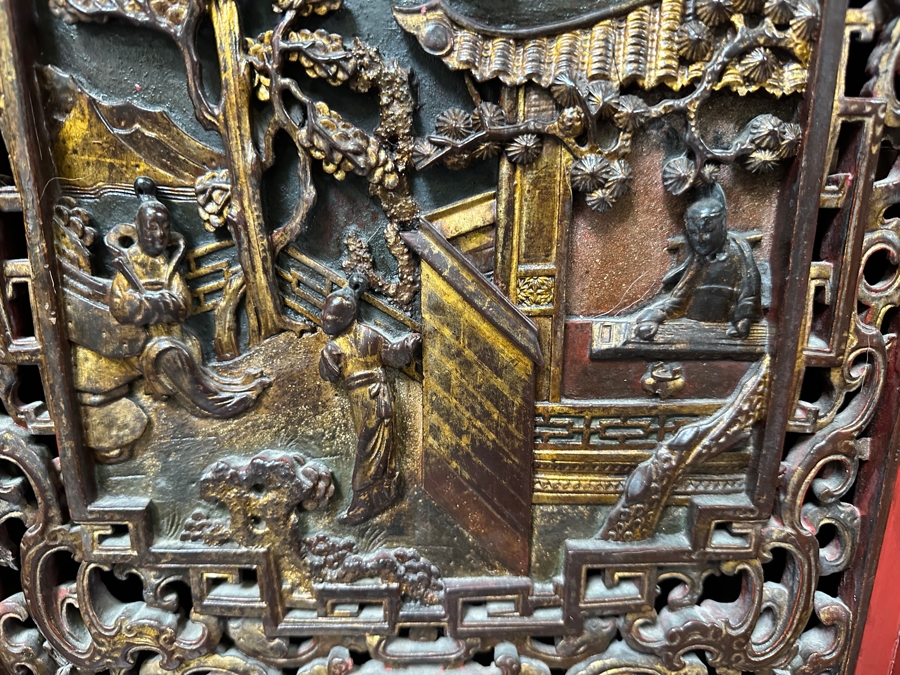 Contemporary Chinese Carved Gilt Red Wooden Relief Carved Cabinet 42'W X 22'D X 66'H [Photo 7]
