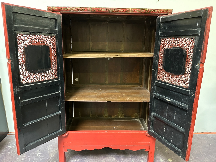 Contemporary Chinese Carved Gilt Red Wooden Relief Carved Cabinet 42'W X 22'D X 66'H [Photo 10]