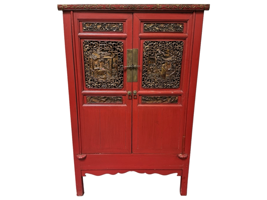 Contemporary Chinese Carved Gilt Red Wooden Relief Carved Cabinet 42'W X 22'D X 66'H