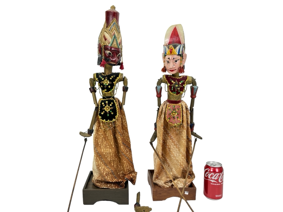 Vintage Indonesian Carved Wooden Puppets (Arm Needs To Be Restrung On Left Puppet) 26'H [Photo 1]