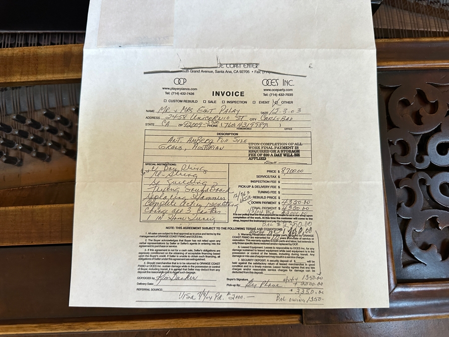 Antique Grand Austrian Amberg Piano With Ebony & Ivory Keys 6'7' (See Photos For Crack In The Cast Iron Plate Piano Harp) Client Paid $8,700 [Photo 15]