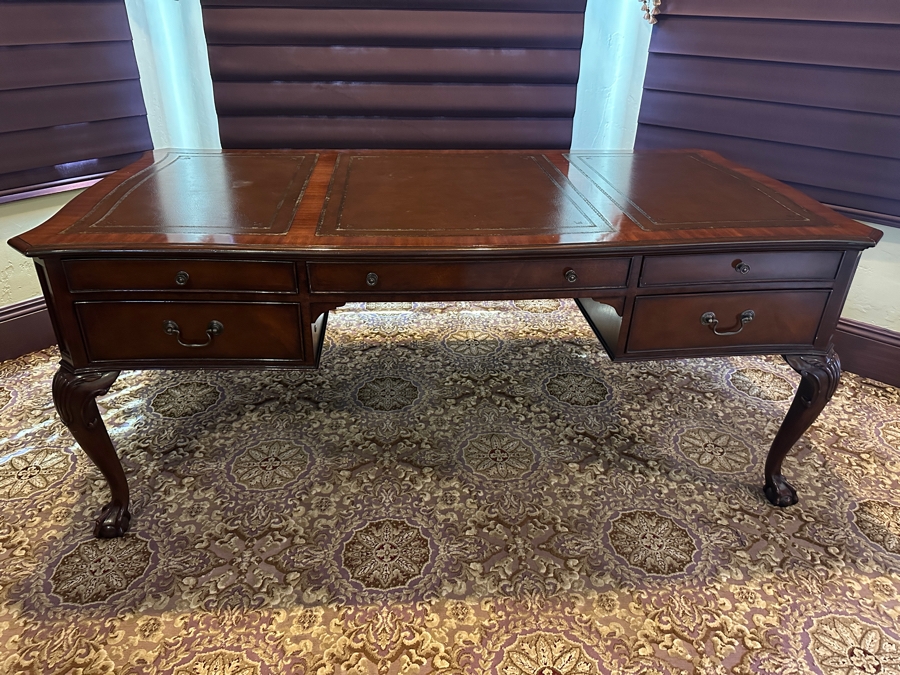 Stunning 125th Anniversary Limited Edition Sligh Executive Leather Top Desk The Ellis Line Numbered 66 Of 1880 72'W X 36'D X 30'H [Photo 3]