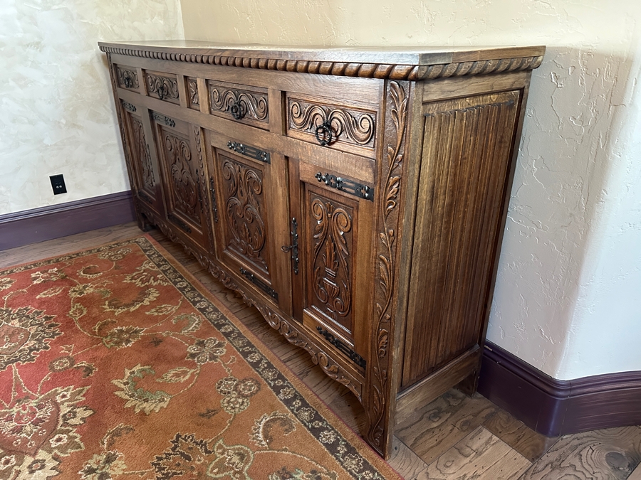 Antique Carved Tiger Oak Cabinet Credenza 88.5'W X 18'D X 42'H [Photo 6]
