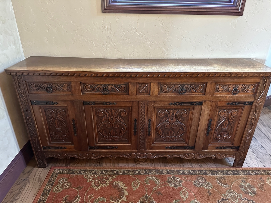 Antique Carved Tiger Oak Cabinet Credenza 88.5'W X 18'D X 42'H [Photo 2]