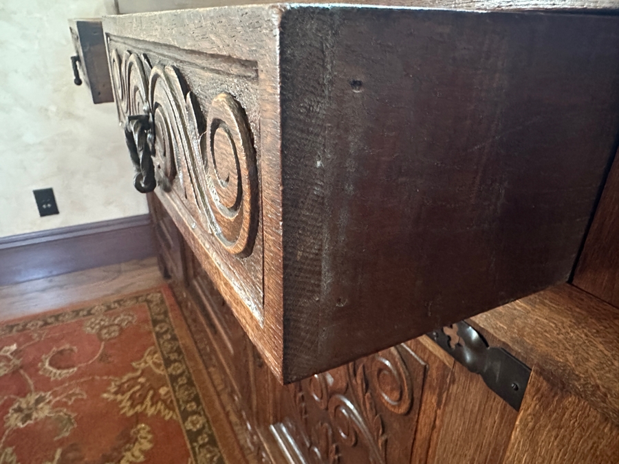 Antique Carved Tiger Oak Cabinet Credenza 88.5'W X 18'D X 42'H [Photo 8]