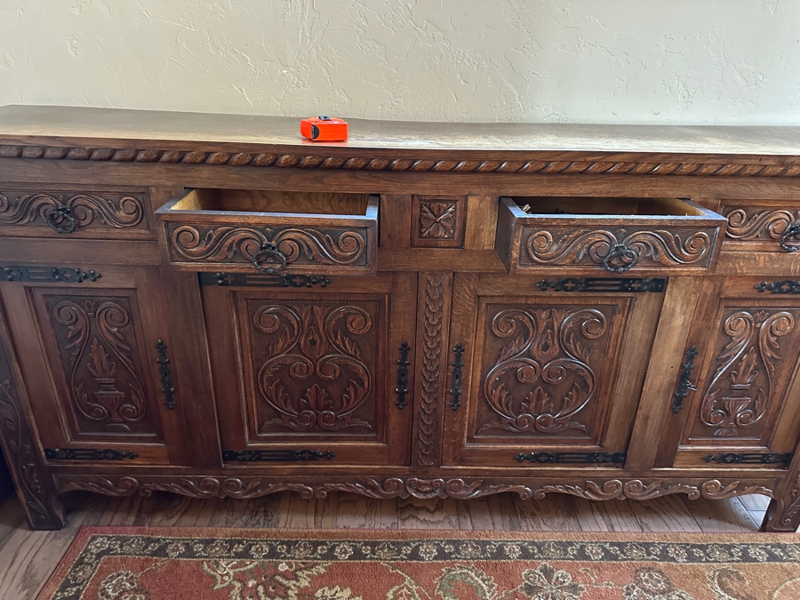 Antique Carved Tiger Oak Cabinet Credenza 88.5'W X 18'D X 42'H [Photo 10]