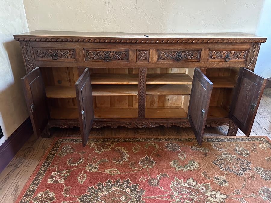 Antique Carved Tiger Oak Cabinet Credenza 88.5'W X 18'D X 42'H [Photo 11]