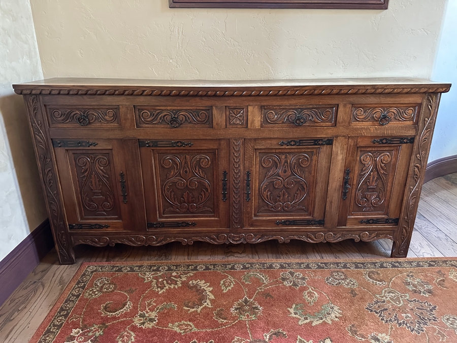 Antique Carved Tiger Oak Cabinet Credenza 88.5'W X 18'D X 42'H