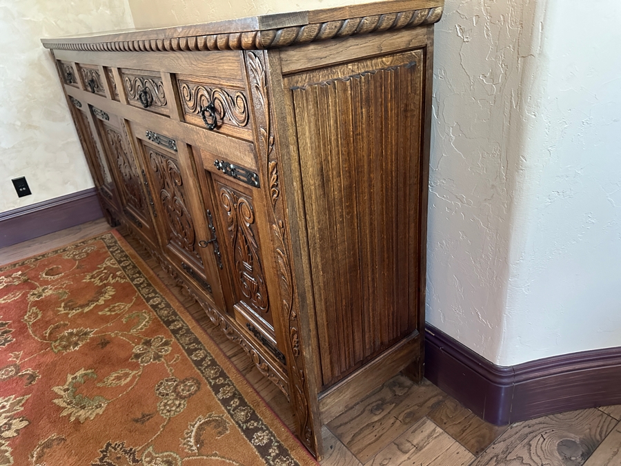 Antique Carved Tiger Oak Cabinet Credenza 88.5'W X 18'D X 42'H [Photo 7]