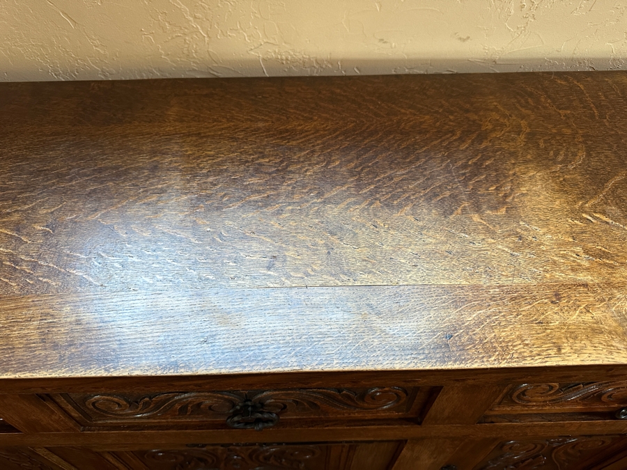 Antique Carved Tiger Oak Cabinet Credenza 88.5'W X 18'D X 42'H [Photo 5]
