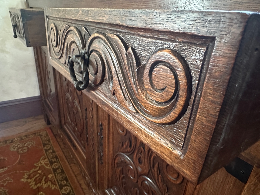 Antique Carved Tiger Oak Cabinet Credenza 88.5'W X 18'D X 42'H [Photo 9]