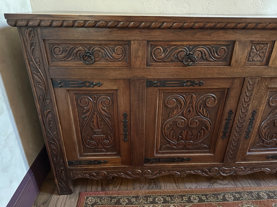 Antique Carved Tiger Oak Cabinet Credenza 88.5'W X 18'D X 42'H [Photo 4]