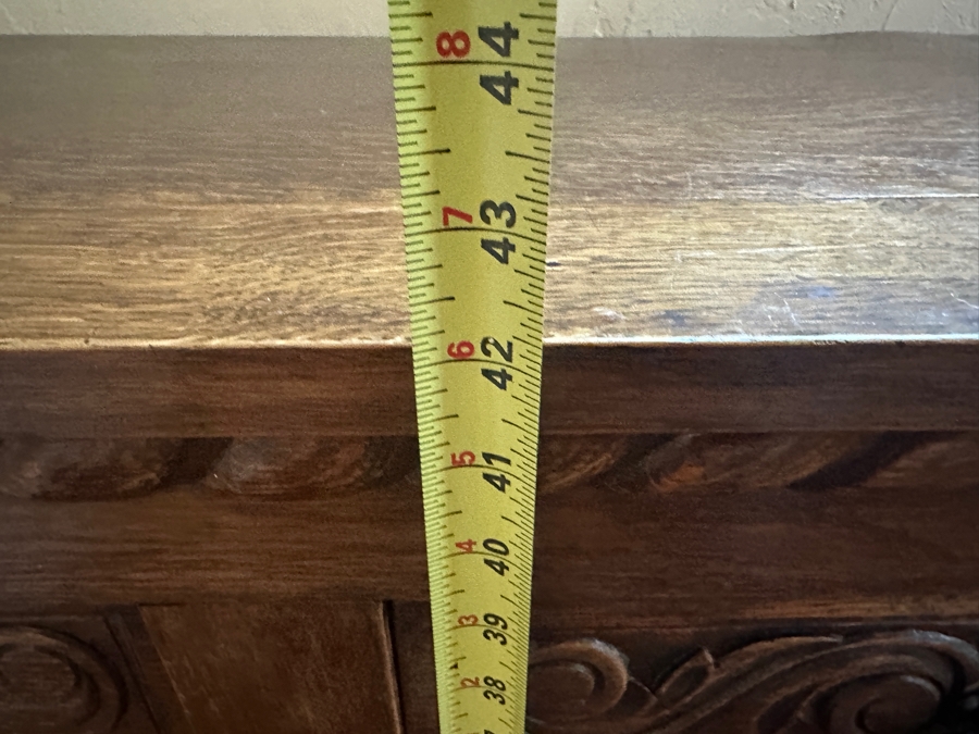 Antique Carved Tiger Oak Cabinet Credenza 88.5'W X 18'D X 42'H [Photo 17]