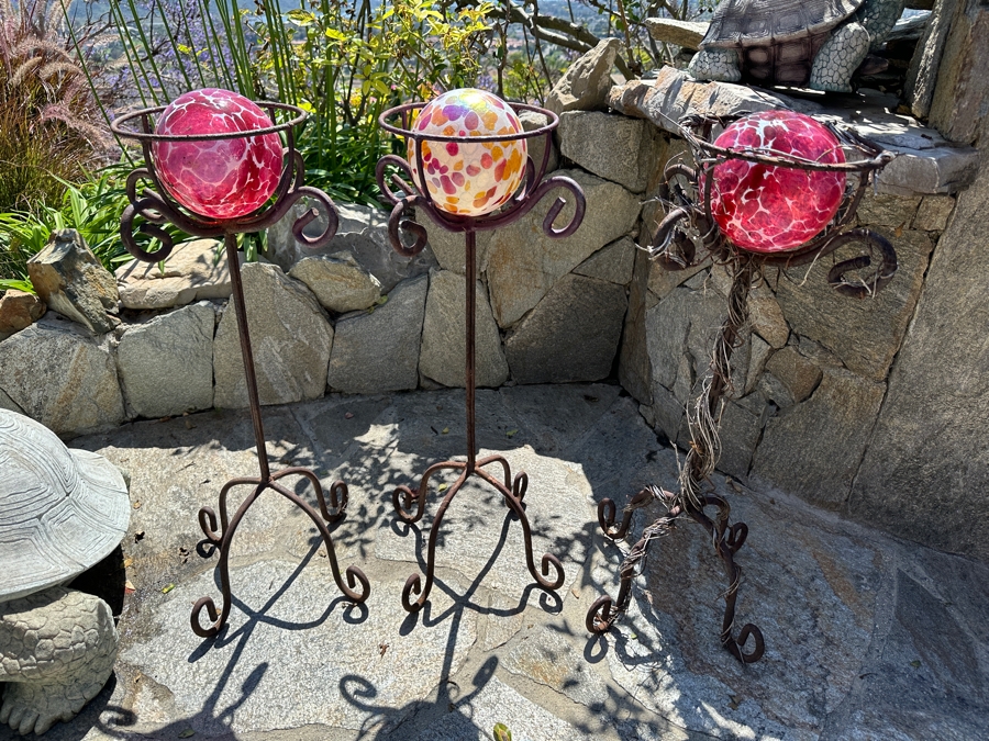Three Wrought Iron Plant Stands 26'H With Handblown Glass Ornaments [Photo 2]