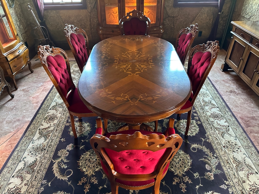 Stunning Italian Marquetry Dining Table With Built In Leaf And Six Tufted Velvet Dining Chairs 68'L X 38.5'D With 16'L Leaf [Photo 2]