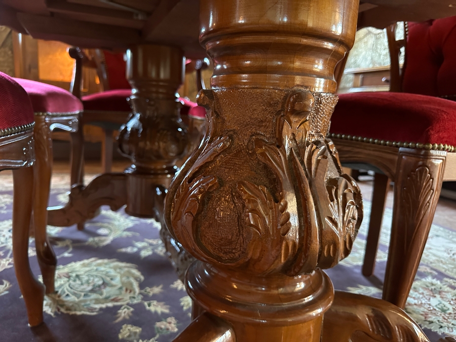 Stunning Italian Marquetry Dining Table With Built In Leaf And Six Tufted Velvet Dining Chairs 68'L X 38.5'D With 16'L Leaf [Photo 16]