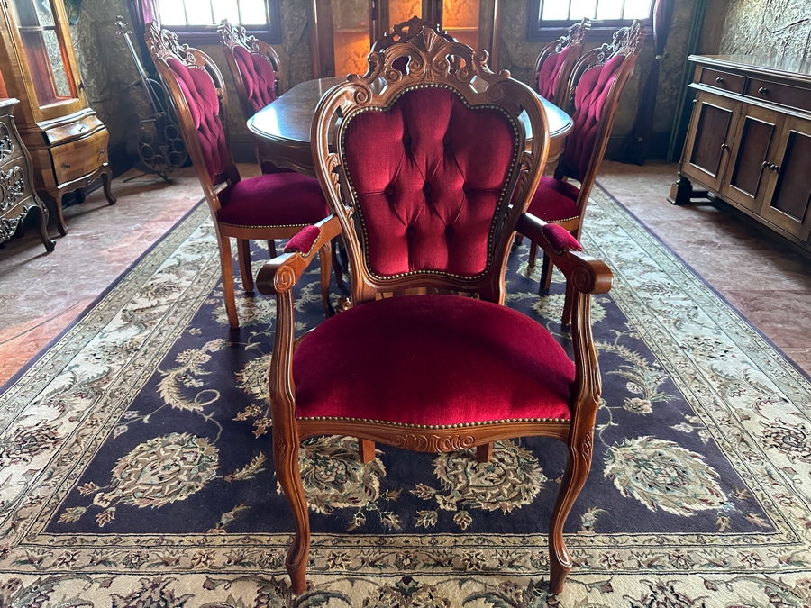 Stunning Italian Marquetry Dining Table With Built In Leaf And Six Tufted Velvet Dining Chairs 68'L X 38.5'D With 16'L Leaf [Photo 13]