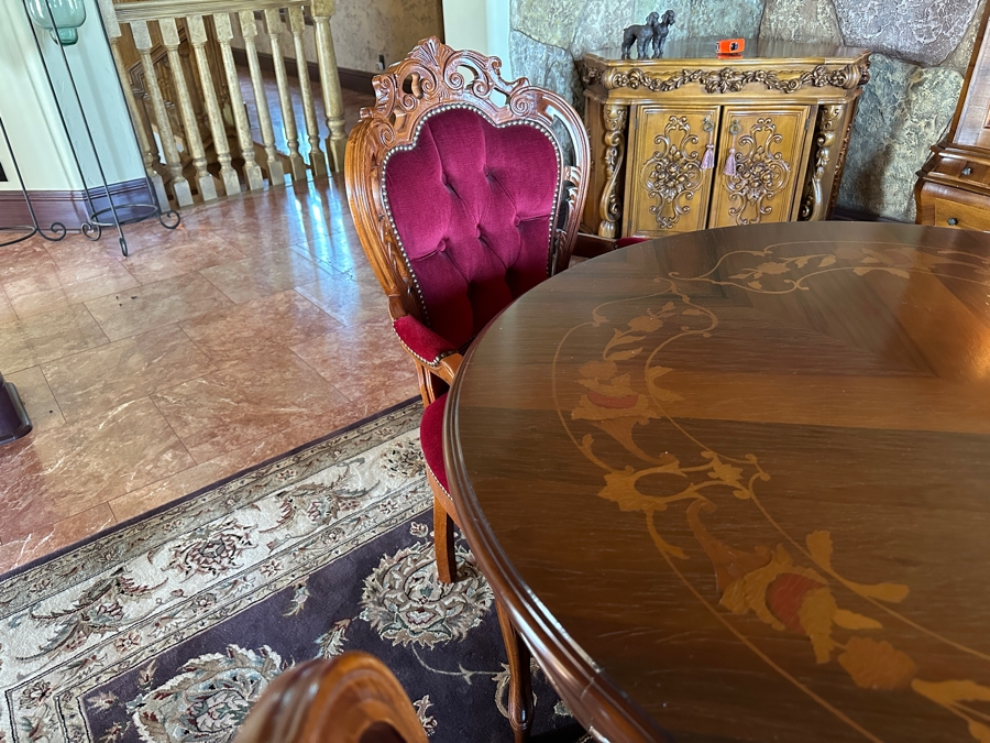 Stunning Italian Marquetry Dining Table With Built In Leaf And Six Tufted Velvet Dining Chairs 68'L X 38.5'D With 16'L Leaf [Photo 11]