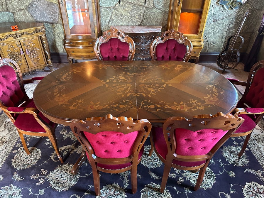 Stunning Italian Marquetry Dining Table With Built In Leaf And Six Tufted Velvet Dining Chairs 68'L X 38.5'D With 16'L Leaf [Photo 7]