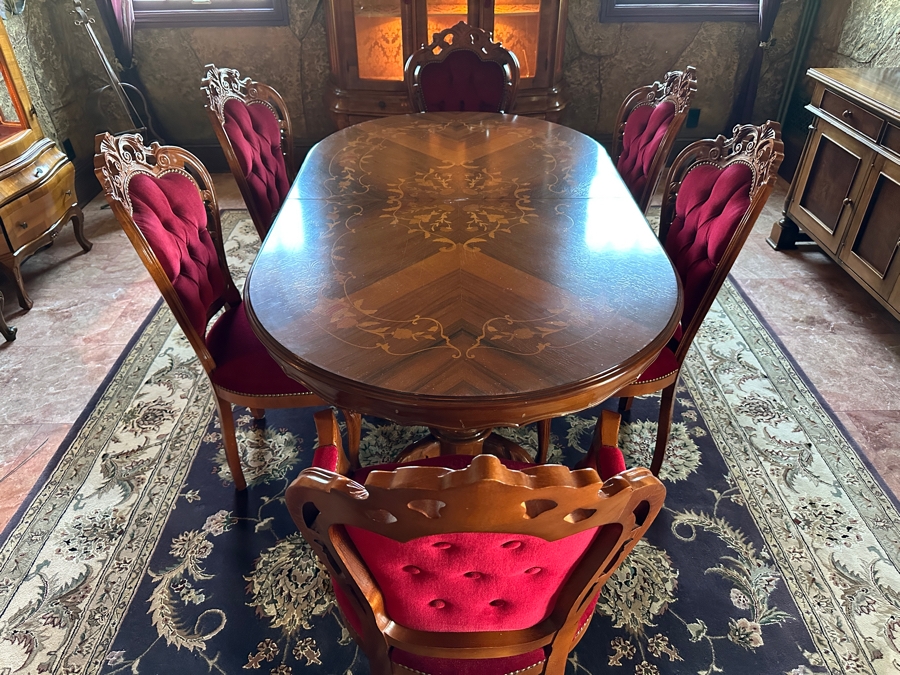 Stunning Italian Marquetry Dining Table With Built In Leaf And Six Tufted Velvet Dining Chairs 68'L X 38.5'D With 16'L Leaf [Photo 8]
