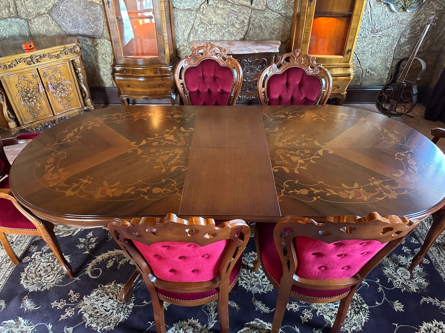 Stunning Italian Marquetry Dining Table With Built In Leaf And Six Tufted Velvet Dining Chairs 68'L X 38.5'D With 16'L Leaf [Photo 20]
