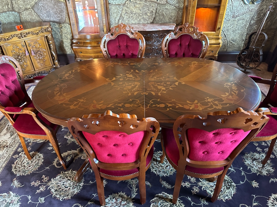 Stunning Italian Marquetry Dining Table With Built In Leaf And Six Tufted Velvet Dining Chairs 68'L X 38.5'D With 16'L Leaf [Photo 5]