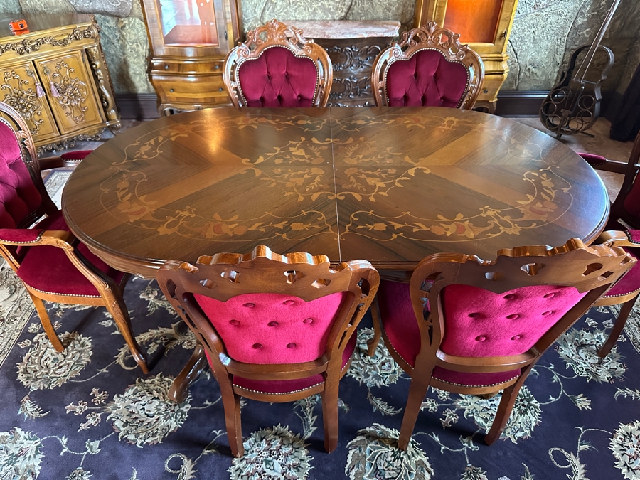 Stunning Italian Marquetry Dining Table With Built In Leaf And Six Tufted Velvet Dining Chairs 68'L X 38.5'D With 16'L Leaf [Photo 6]