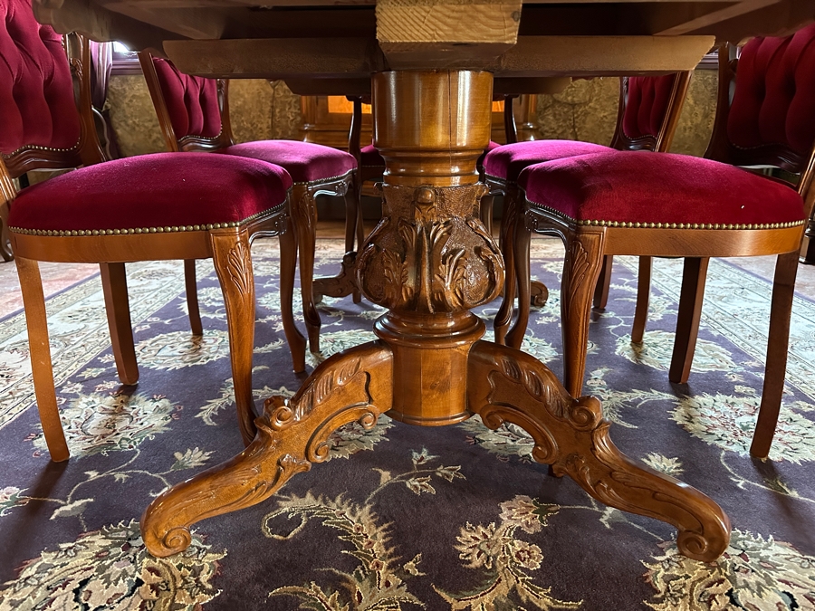 Stunning Italian Marquetry Dining Table With Built In Leaf And Six Tufted Velvet Dining Chairs 68'L X 38.5'D With 16'L Leaf [Photo 14]