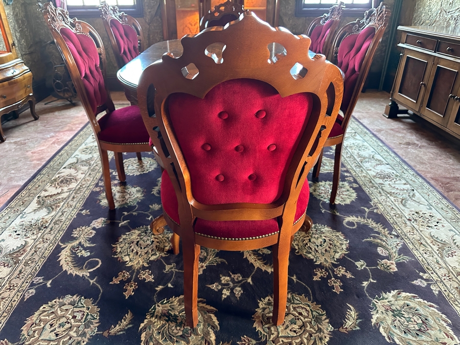 Stunning Italian Marquetry Dining Table With Built In Leaf And Six Tufted Velvet Dining Chairs 68'L X 38.5'D With 16'L Leaf [Photo 12]