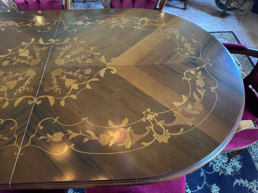 Stunning Italian Marquetry Dining Table With Built In Leaf And Six Tufted Velvet Dining Chairs 68'L X 38.5'D With 16'L Leaf [Photo 10]