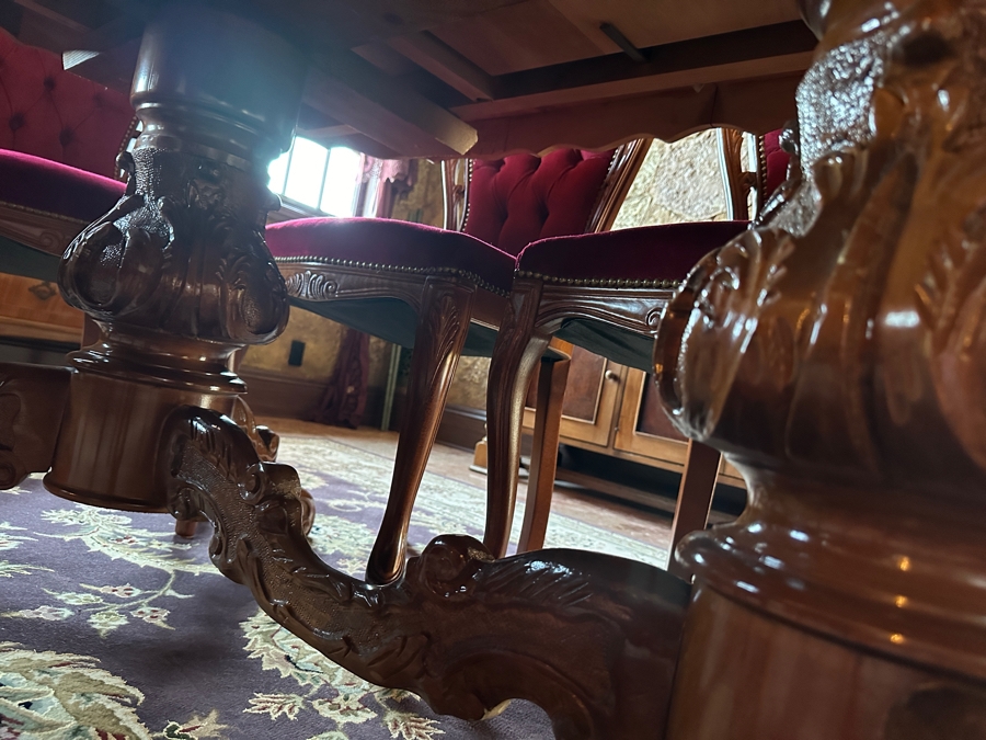 Stunning Italian Marquetry Dining Table With Built In Leaf And Six Tufted Velvet Dining Chairs 68'L X 38.5'D With 16'L Leaf [Photo 17]