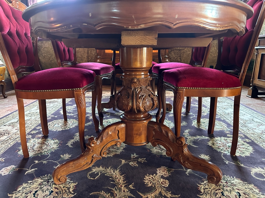 Stunning Italian Marquetry Dining Table With Built In Leaf And Six Tufted Velvet Dining Chairs 68'L X 38.5'D With 16'L Leaf [Photo 3]