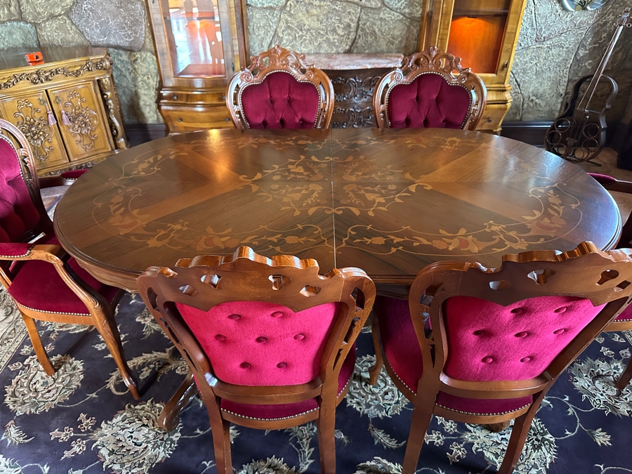 Stunning Italian Marquetry Dining Table With Built In Leaf And Six Tufted Velvet Dining Chairs 68'L X 38.5'D With 16'L Leaf