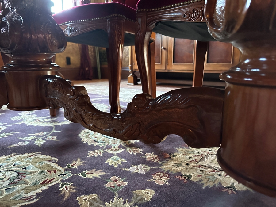 Stunning Italian Marquetry Dining Table With Built In Leaf And Six Tufted Velvet Dining Chairs 68'L X 38.5'D With 16'L Leaf [Photo 18]