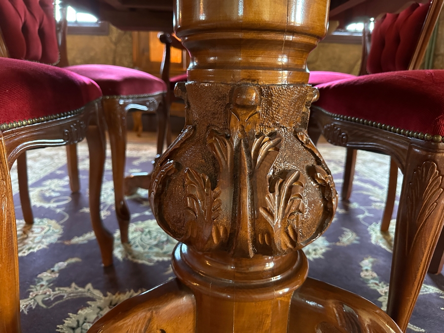 Stunning Italian Marquetry Dining Table With Built In Leaf And Six Tufted Velvet Dining Chairs 68'L X 38.5'D With 16'L Leaf [Photo 15]