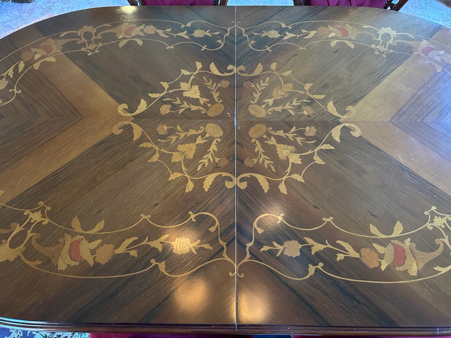 Stunning Italian Marquetry Dining Table With Built In Leaf And Six Tufted Velvet Dining Chairs 68'L X 38.5'D With 16'L Leaf [Photo 9]