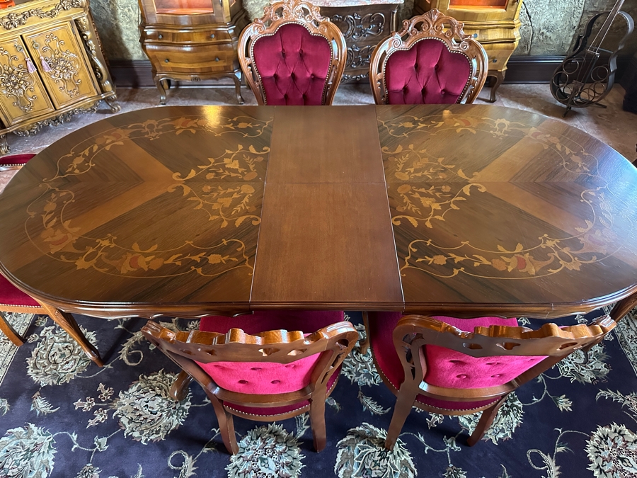 Stunning Italian Marquetry Dining Table With Built In Leaf And Six Tufted Velvet Dining Chairs 68'L X 38.5'D With 16'L Leaf [Photo 4]